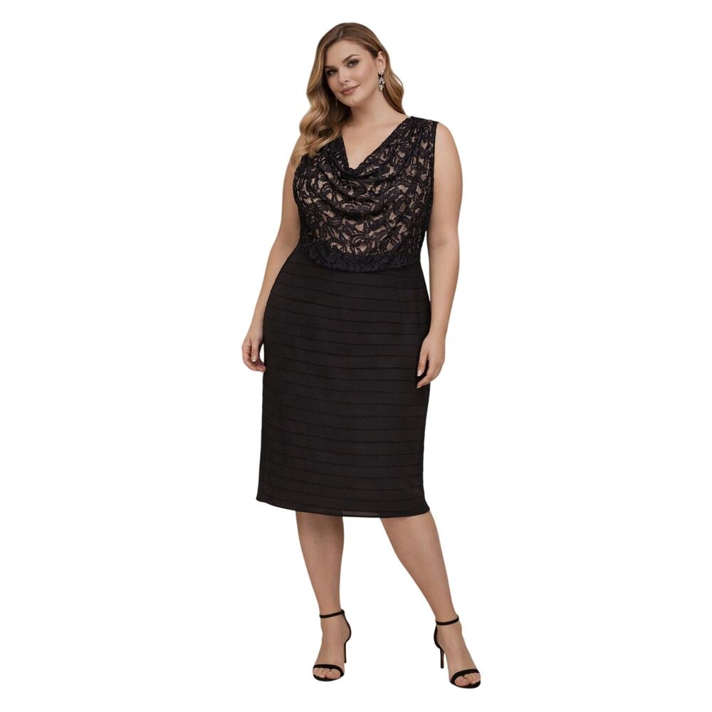 NEW Adrianna Papell Plus Size 14W Drape Neck Dress Black Lace Bodice Evening